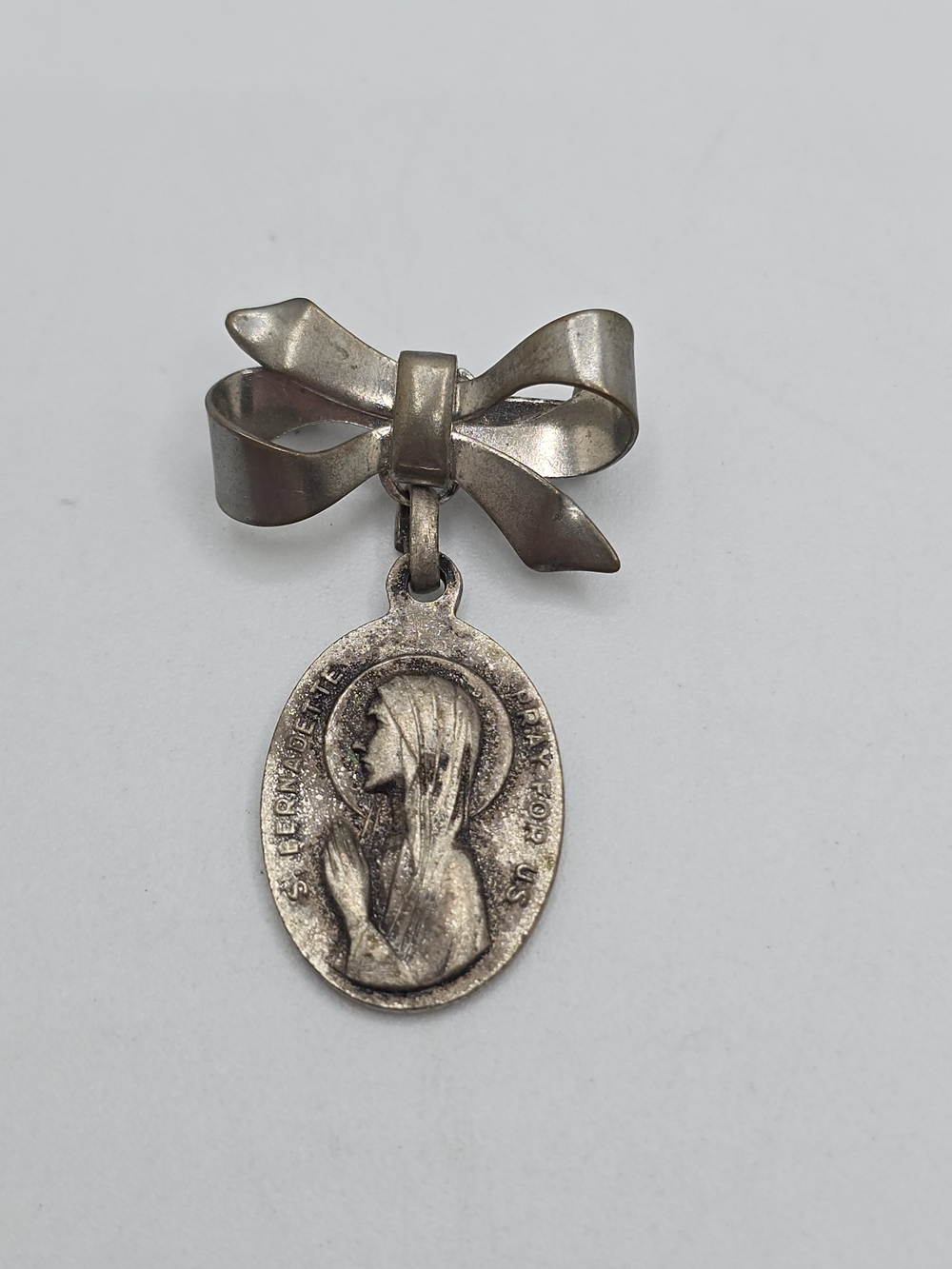 St. Bernadette Brooch Medal Our Lady of Lourdes Bow Religious Vintage 1.50"